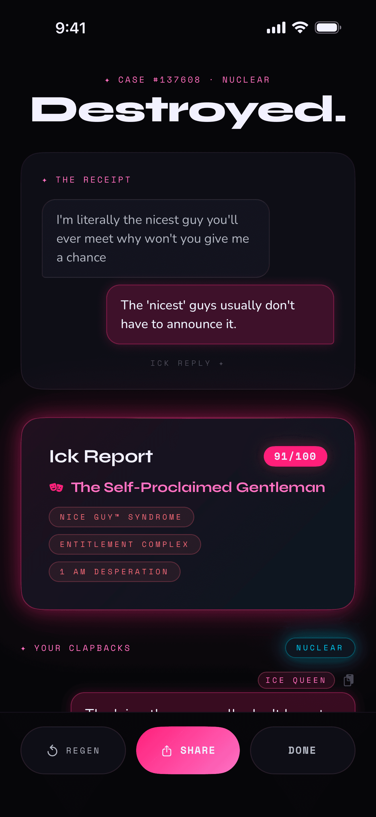 Ick Report — cringe score, archetype, red flags